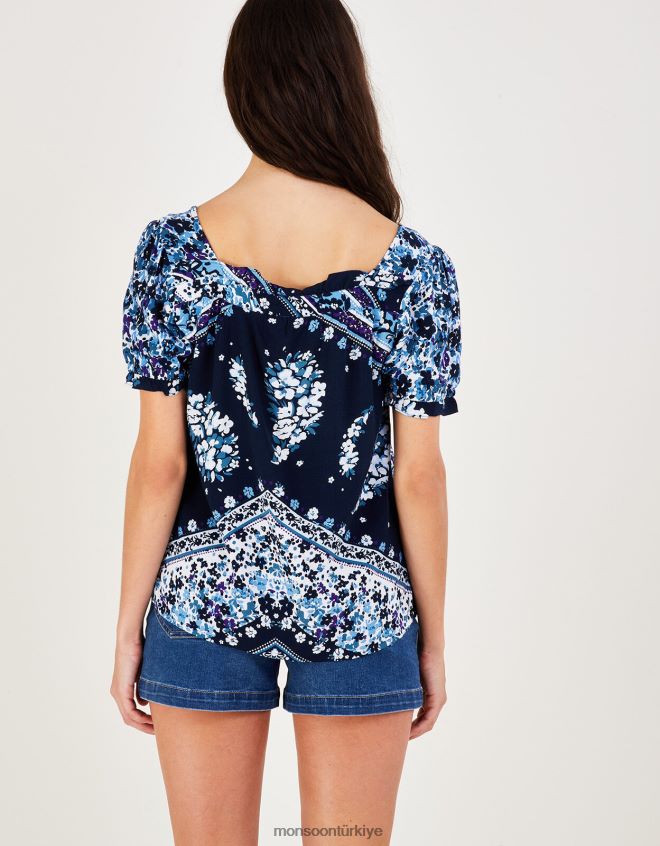 Monsoon kadınlar şal ​​desenli çiçek baskılı kare yakalı üst JH86BT2792 Giyim Mavi Donanma)