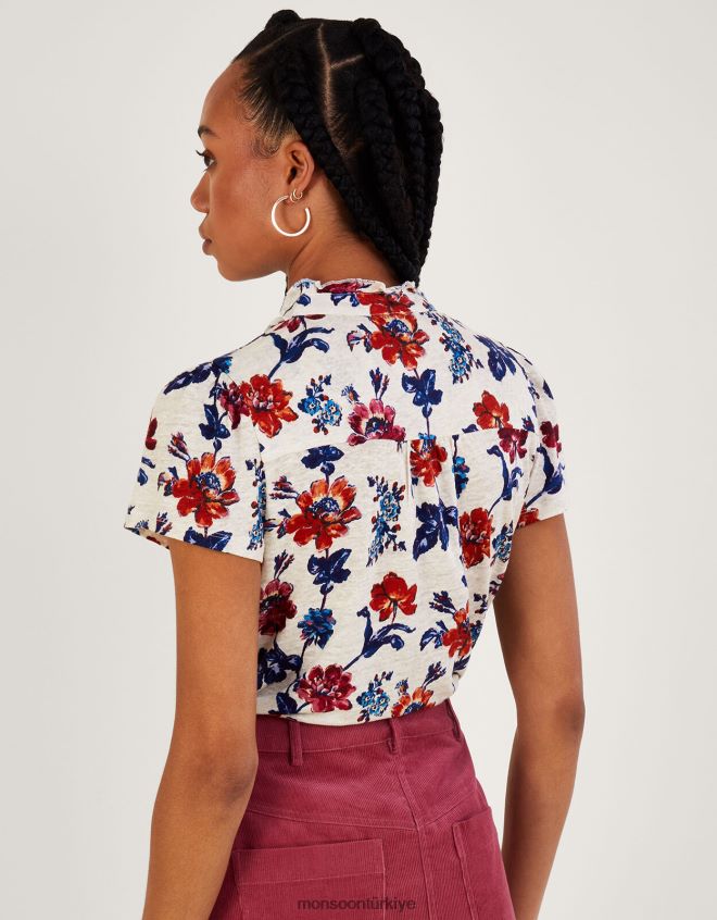 Monsoon kadınlar baskılı çiçekli kap kollu keten üst JH86BT844 Giyim çok