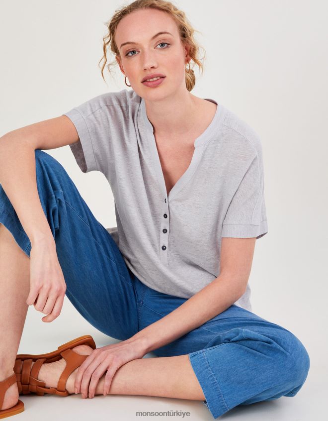 Monsoon kadınlar düğme detaylı jarse kısa kollu üst JH86BT2794 Giyim gri