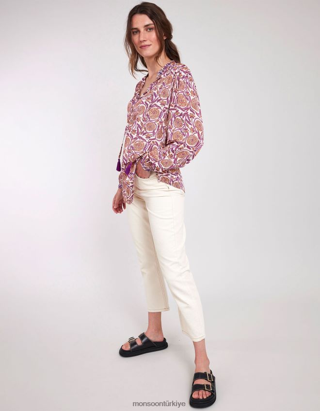 Monsoon kadınlar doğu alex desenli saten bluz JH86BT467 Giyim doğal (ekru)