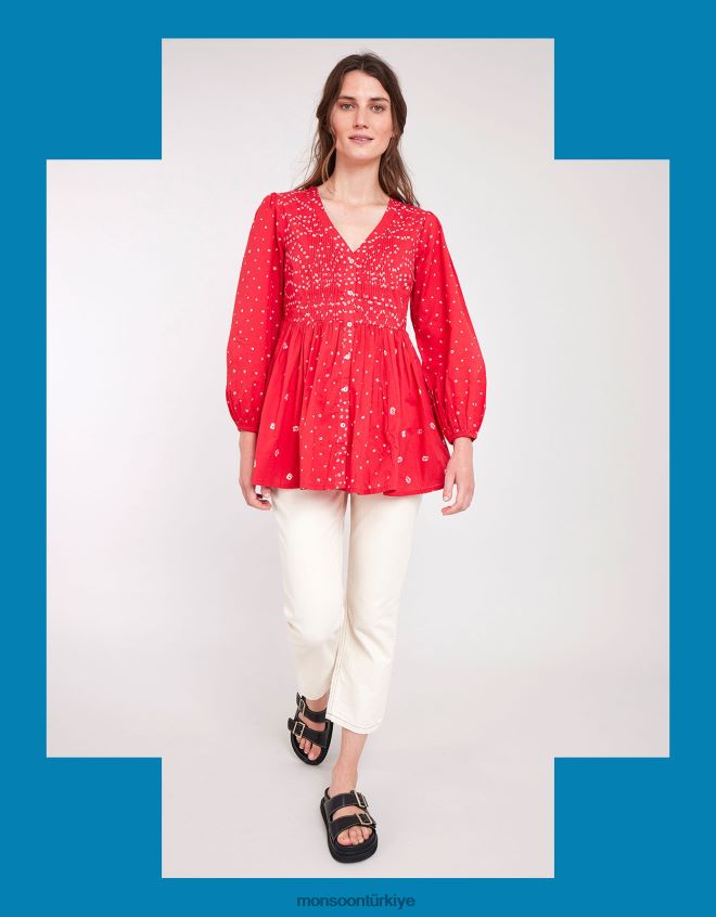 Monsoon kadınlar doğu nova bandhani desenli üst JH86BT687 Giyim kırmızı