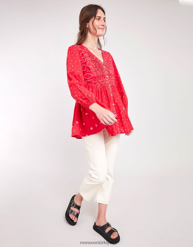 Monsoon kadınlar doğu nova bandhani desenli üst JH86BT687 Giyim kırmızı