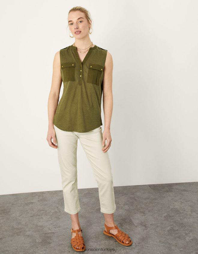 Monsoon kadınlar dokuma keten kolsuz bluz JH86BT2789 Giyim yeşil (haki)