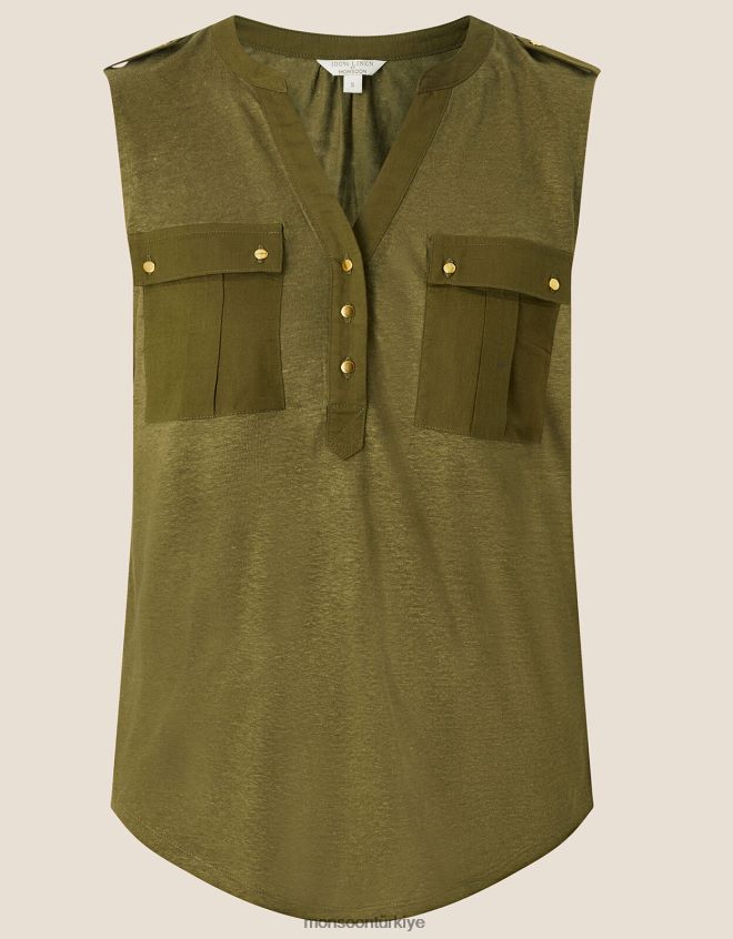 Monsoon kadınlar dokuma keten kolsuz bluz JH86BT2789 Giyim yeşil (haki)