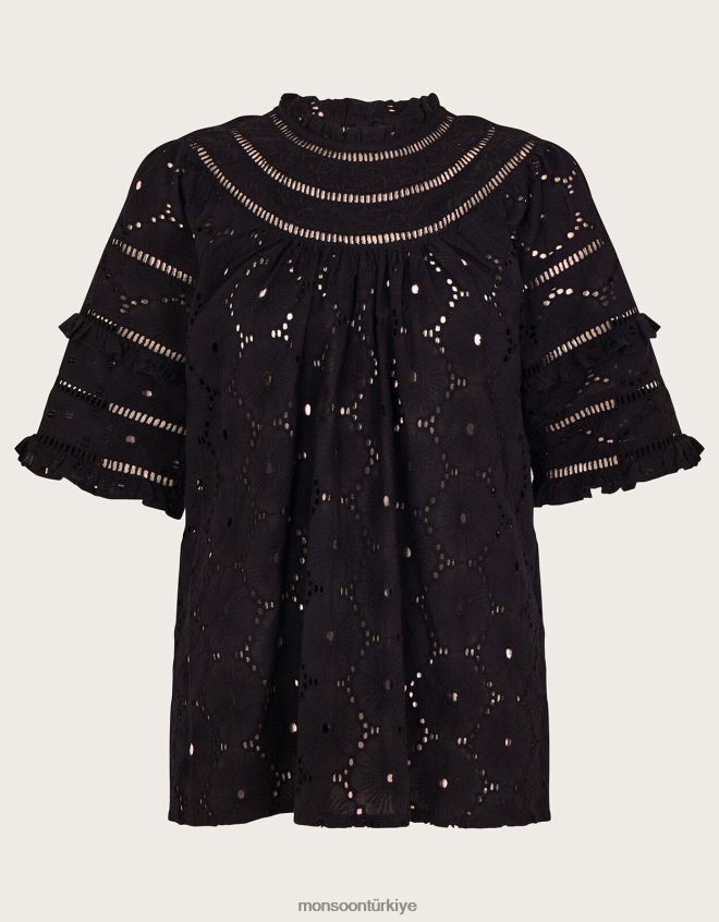 Monsoon kadınlar fırfırlı işlemeli üst JH86BT711 Giyim siyah
