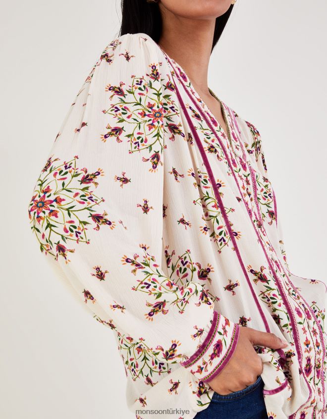 Monsoon kadınlar çiçek desenli v yaka üst JH86BT8 Giyim fildişi