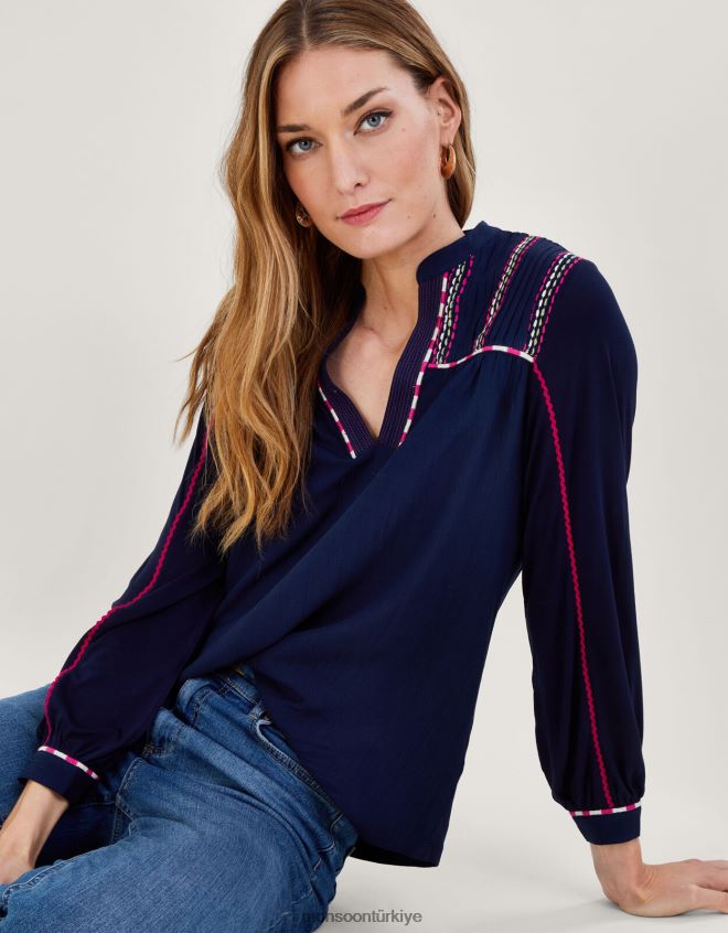 Monsoon kadınlar işlemeli bant kollu jarse üst JH86BT1037 Giyim Mavi Donanma)