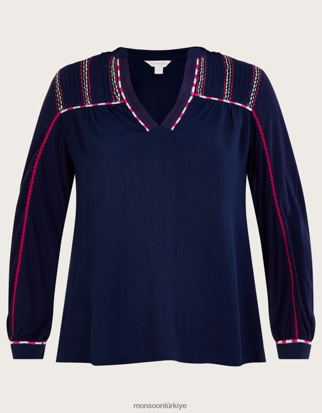 Monsoon kadınlar işlemeli bant kollu jarse üst JH86BT1037 Giyim Mavi Donanma)