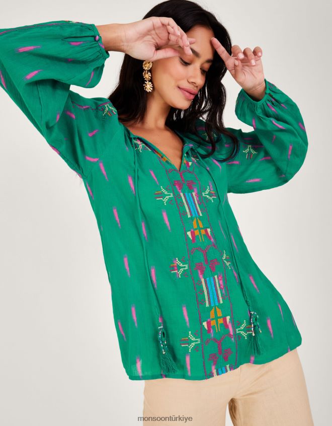 Monsoon kadınlar işlemeli kravat boyunlu üst JH86BT624 Giyim yeşil
