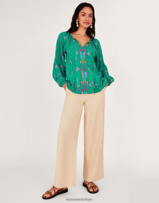 Monsoon kadınlar işlemeli kravat boyunlu üst JH86BT624 Giyim yeşil