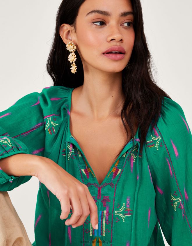 Monsoon kadınlar işlemeli kravat boyunlu üst JH86BT624 Giyim yeşil