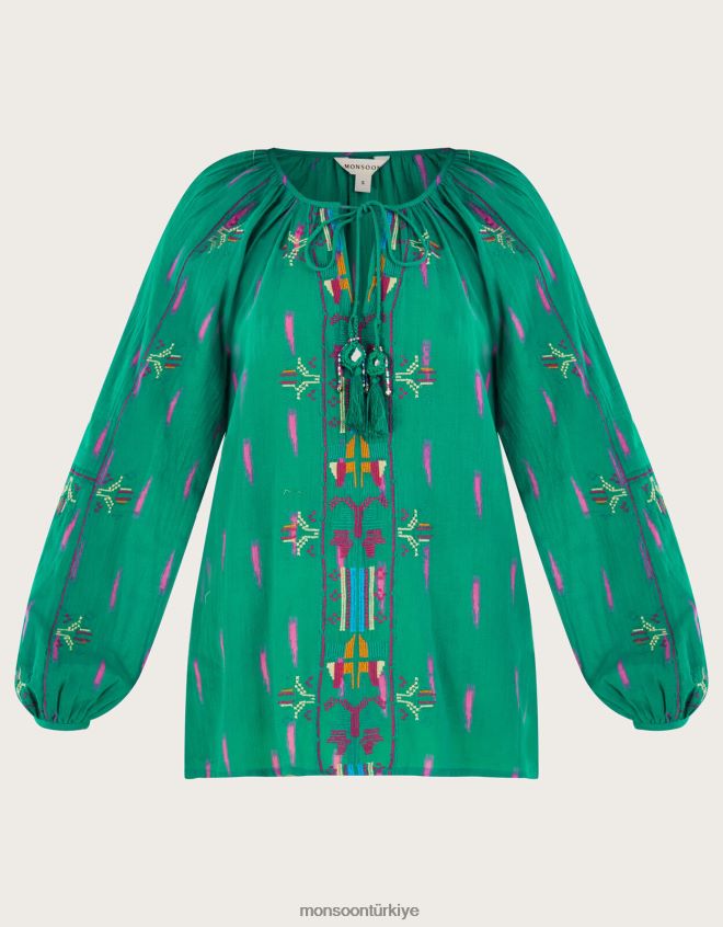 Monsoon kadınlar işlemeli kravat boyunlu üst JH86BT624 Giyim yeşil