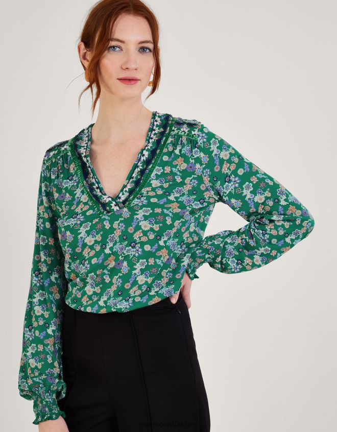 Monsoon kadınlar küçük süslemeli büzgülü jarse üst JH86BT569 Giyim yeşil