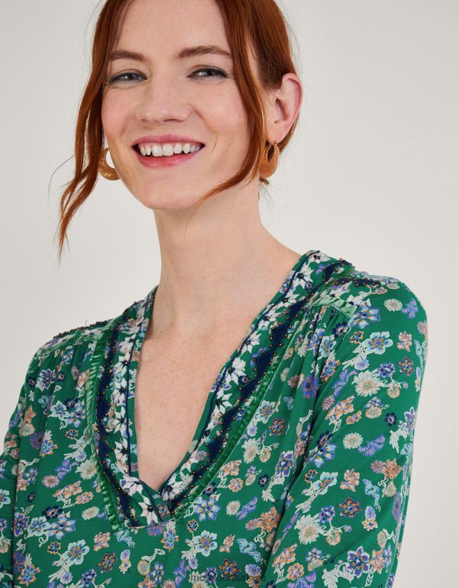 Monsoon kadınlar küçük süslemeli büzgülü jarse üst JH86BT569 Giyim yeşil