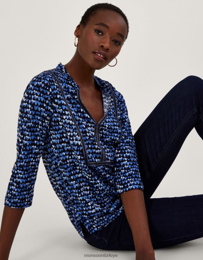 Monsoon kadınlar kalp desenli keten üst JH86BT766 Giyim mavi