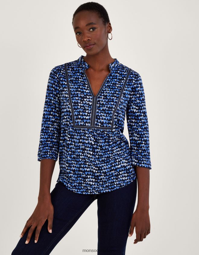 Monsoon kadınlar kalp desenli keten üst JH86BT766 Giyim mavi