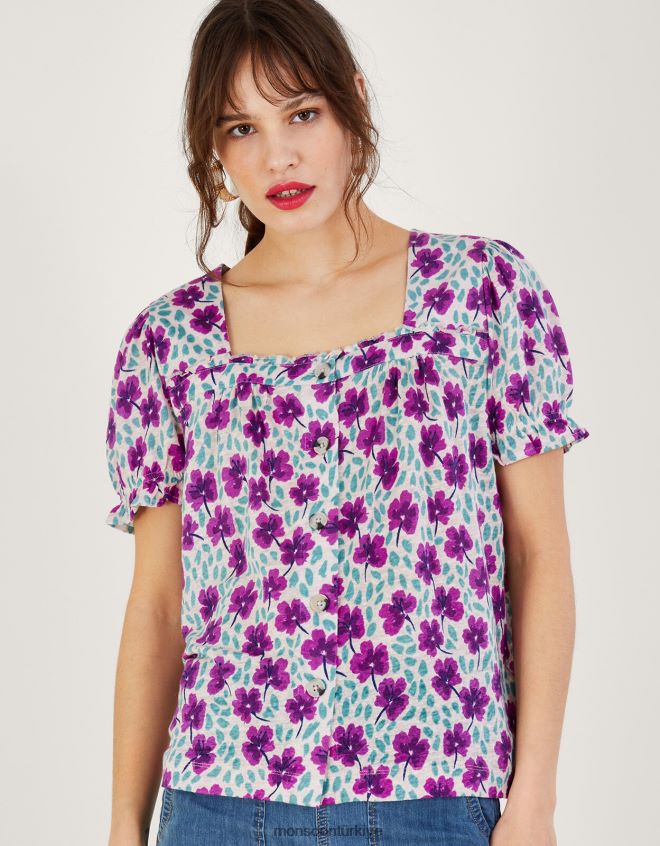 Monsoon kadınlar kare yaka çiçekli kısa kollu keten üst JH86BT500 Giyim beyaz