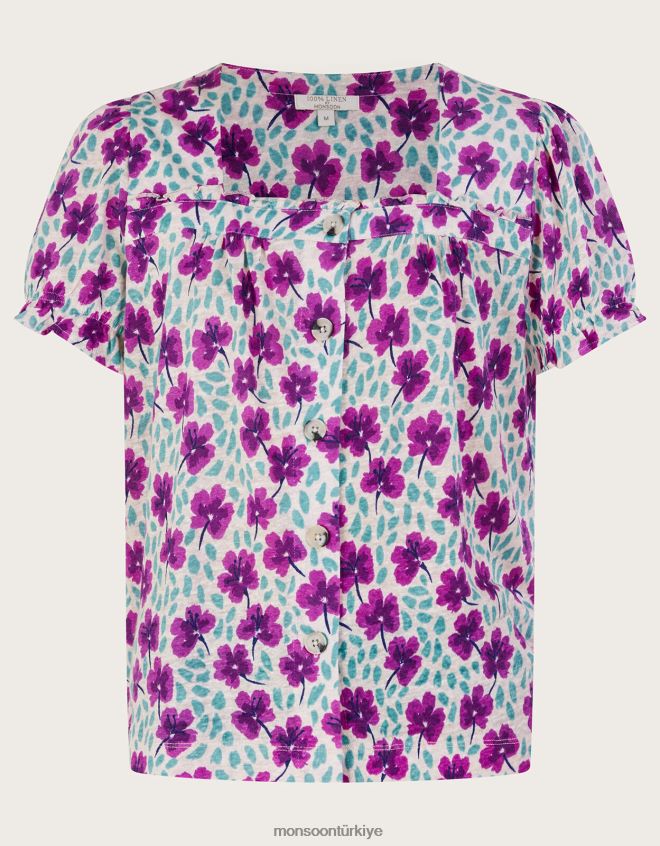 Monsoon kadınlar kare yaka çiçekli kısa kollu keten üst JH86BT500 Giyim beyaz