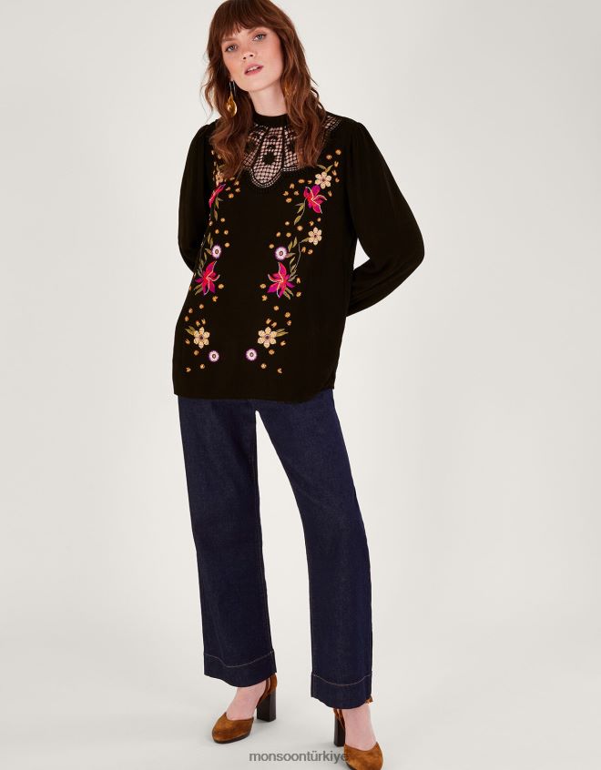 Monsoon kadınlar kesme işi çiçek işlemeli üst JH86BT514 Giyim siyah