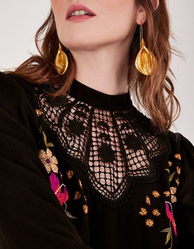 Monsoon kadınlar kesme işi çiçek işlemeli üst JH86BT514 Giyim siyah