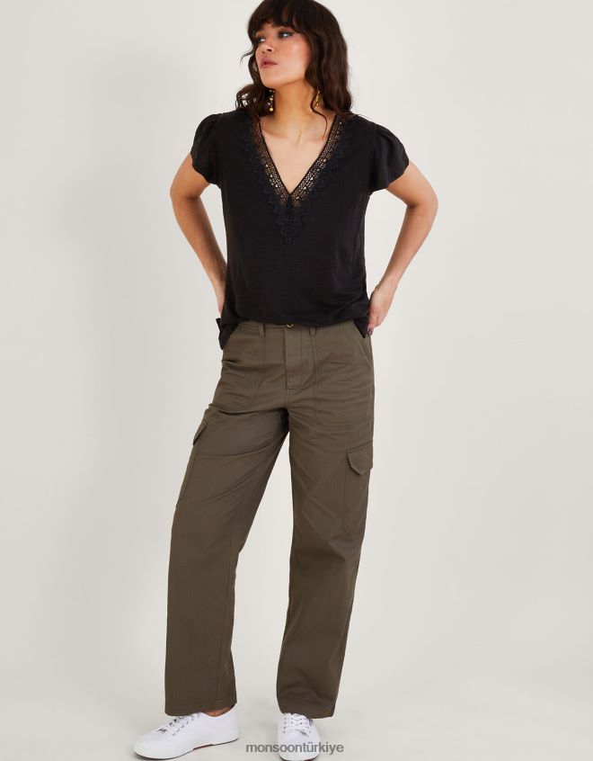 Monsoon kadınlar keten karışımlı dantel v yaka kısa kollu üst JH86BT798 Giyim siyah