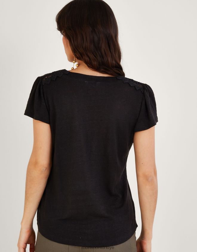 Monsoon kadınlar keten karışımlı dantel v yaka kısa kollu üst JH86BT798 Giyim siyah
