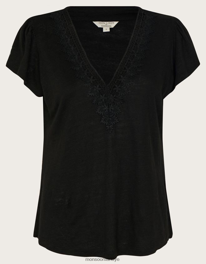 Monsoon kadınlar keten karışımlı dantel v yaka kısa kollu üst JH86BT798 Giyim siyah