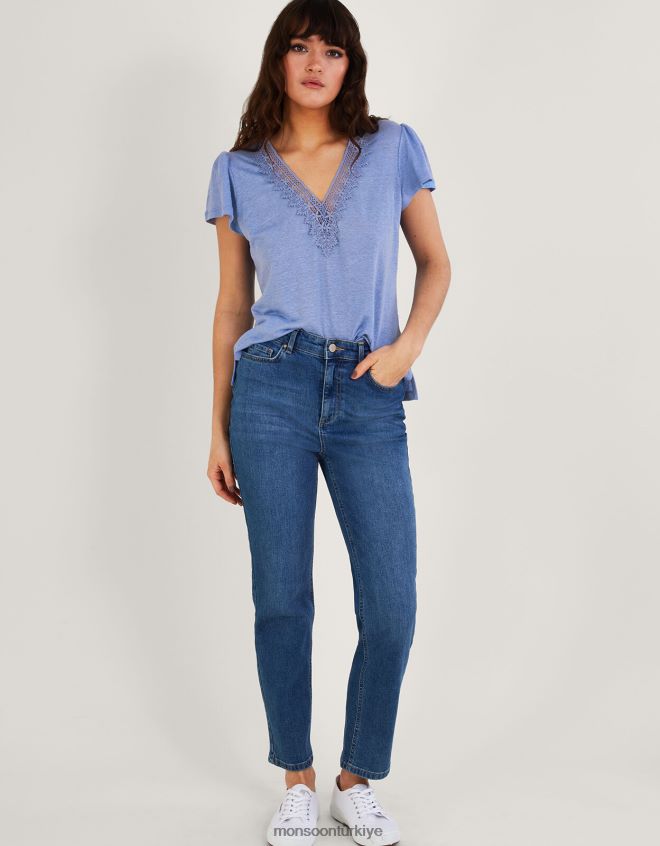 Monsoon kadınlar keten karışımlı dantel v yaka kısa kollu üst JH86BT887 Giyim mavi