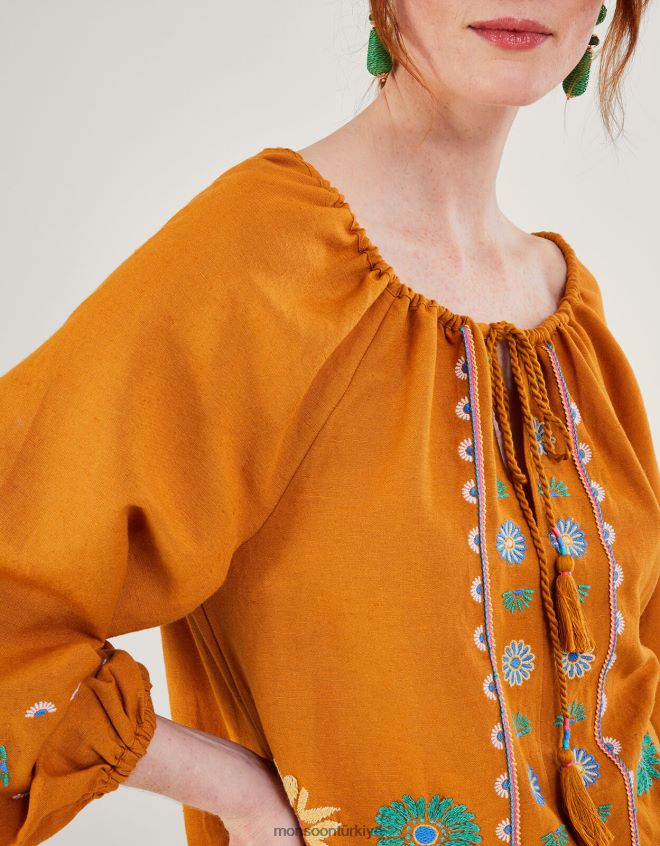 Monsoon kadınlar keten karışımlı işlemeli çiçek tunik üst JH86BT546 Giyim sarı