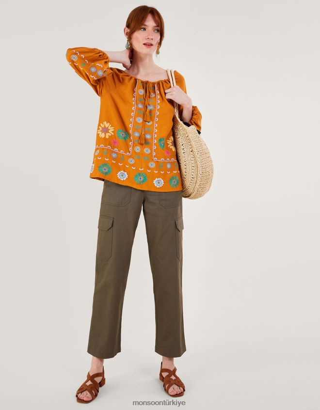 Monsoon kadınlar keten karışımlı işlemeli çiçek tunik üst JH86BT546 Giyim sarı