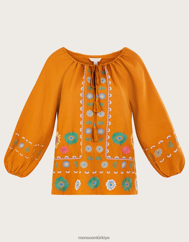 Monsoon kadınlar keten karışımlı işlemeli çiçek tunik üst JH86BT546 Giyim sarı
