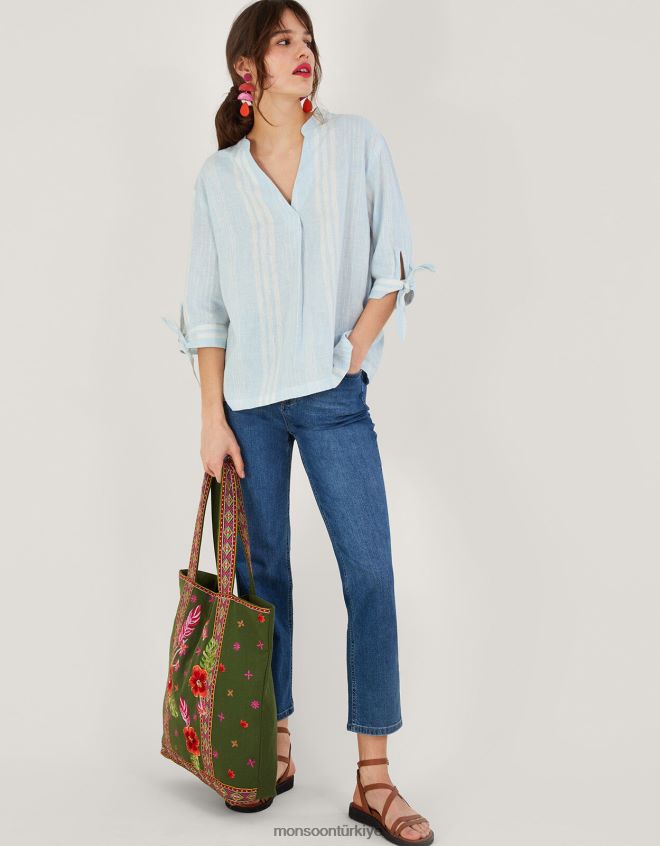 Monsoon kadınlar keten karışımlı ince şeritli üst JH86BT619 Giyim mavi