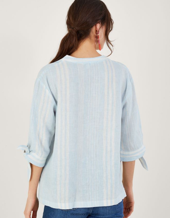 Monsoon kadınlar keten karışımlı ince şeritli üst JH86BT619 Giyim mavi