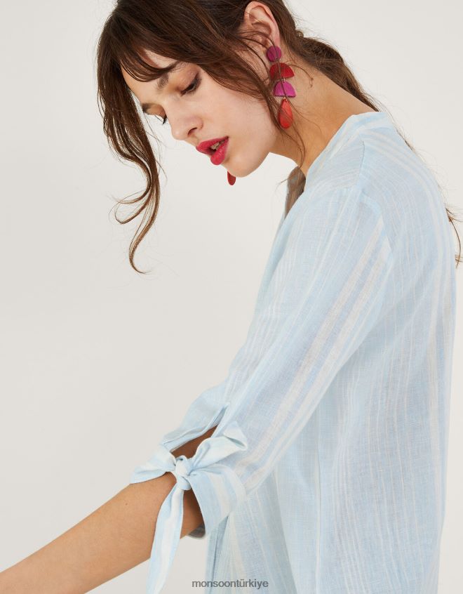 Monsoon kadınlar keten karışımlı ince şeritli üst JH86BT619 Giyim mavi