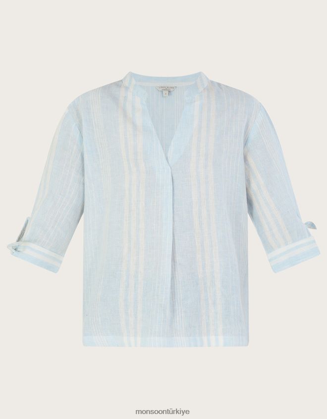 Monsoon kadınlar keten karışımlı ince şeritli üst JH86BT619 Giyim mavi