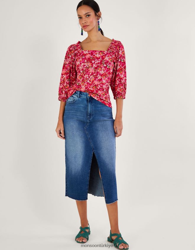 Monsoon kadınlar keten karışımlı küçük çiçek desenli üst JH86BT528 Giyim kırmızı