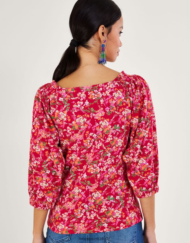 Monsoon kadınlar keten karışımlı küçük çiçek desenli üst JH86BT528 Giyim kırmızı
