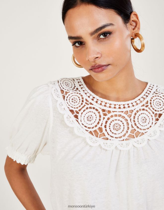 Monsoon kadınlar keten karışımlı tığ işi fırfır kollu üst JH86BT587 Giyim fildişi