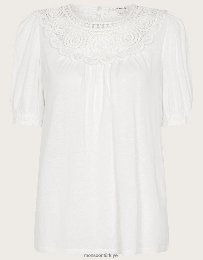Monsoon kadınlar keten karışımlı tığ işi fırfır kollu üst JH86BT587 Giyim fildişi