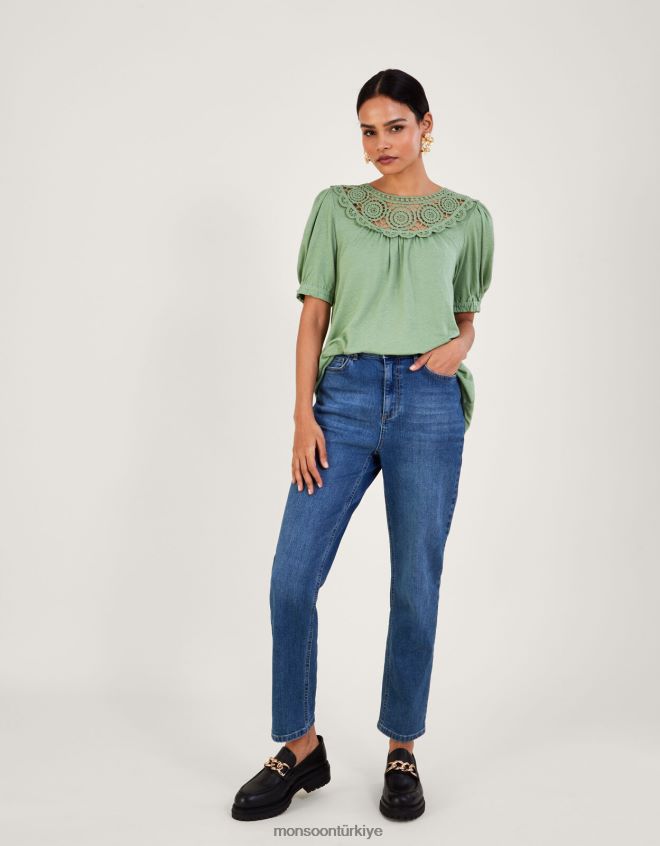 Monsoon kadınlar keten karışımlı tığ işi fırfır kollu üst JH86BT898 Giyim yeşil (haki)
