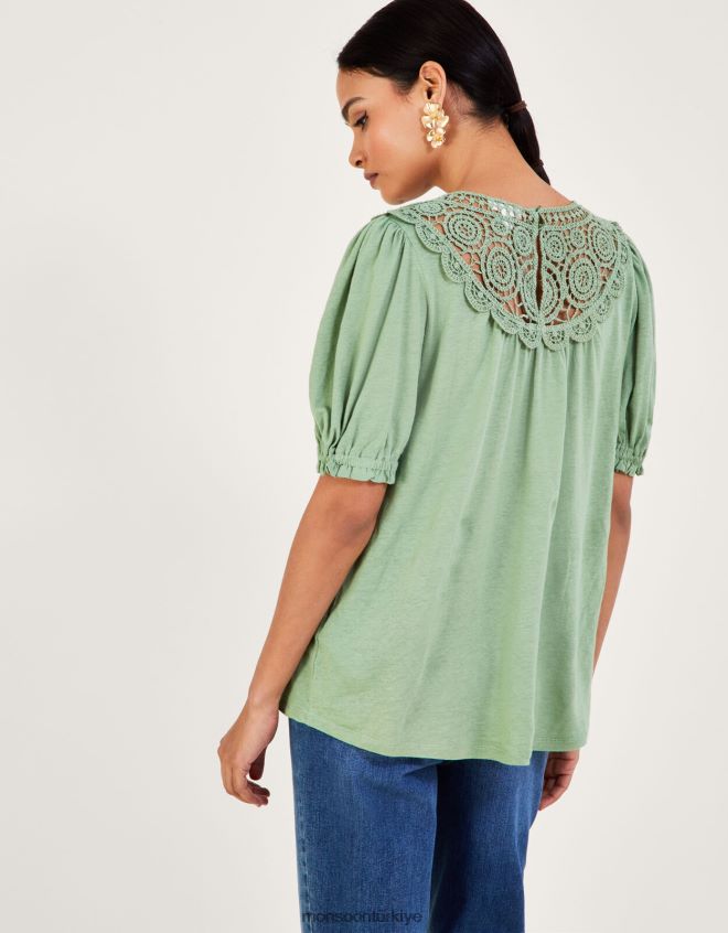 Monsoon kadınlar keten karışımlı tığ işi fırfır kollu üst JH86BT898 Giyim yeşil (haki)