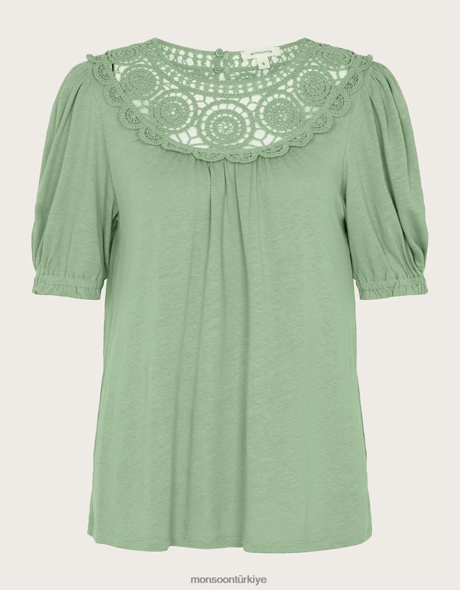 Monsoon kadınlar keten karışımlı tığ işi fırfır kollu üst JH86BT898 Giyim yeşil (haki)