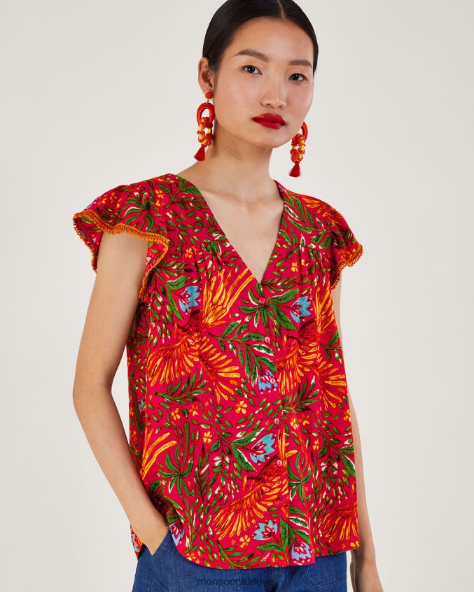 Monsoon kadınlar keten karışımlı yaprak desenli jarse üst JH86BT688 Giyim kırmızı