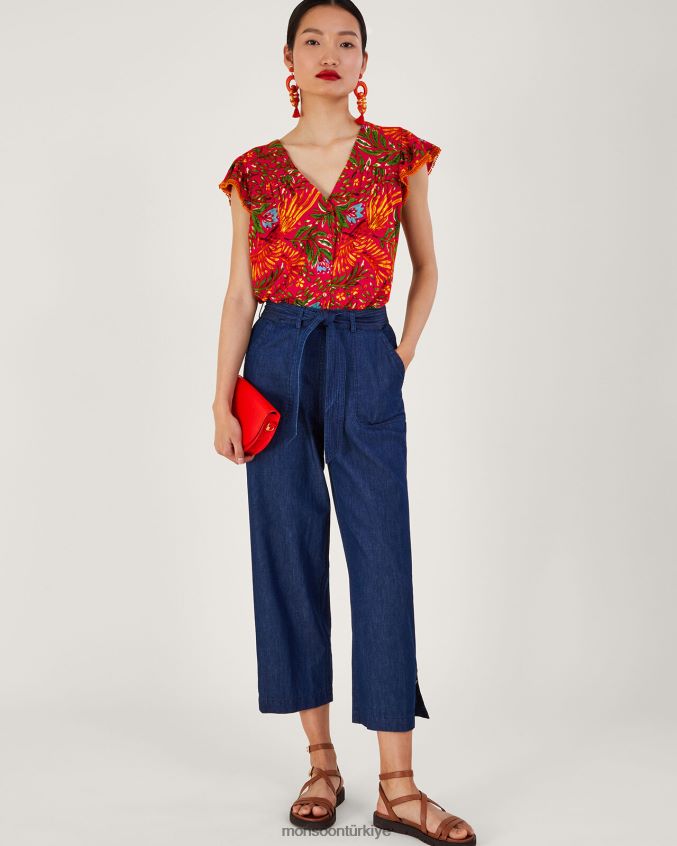 Monsoon kadınlar keten karışımlı yaprak desenli jarse üst JH86BT688 Giyim kırmızı