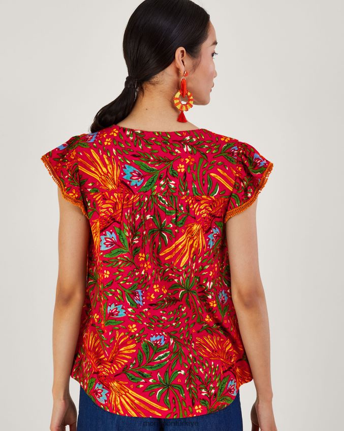 Monsoon kadınlar keten karışımlı yaprak desenli jarse üst JH86BT688 Giyim kırmızı