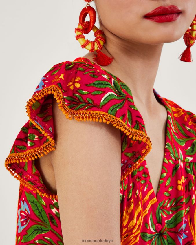 Monsoon kadınlar keten karışımlı yaprak desenli jarse üst JH86BT688 Giyim kırmızı