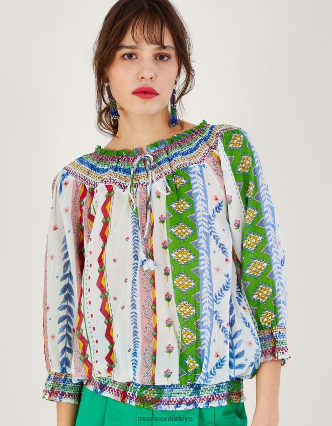 Monsoon kadınlar kravat yaka kabarcık etek baskılı üst JH86BT352 Giyim beyaz