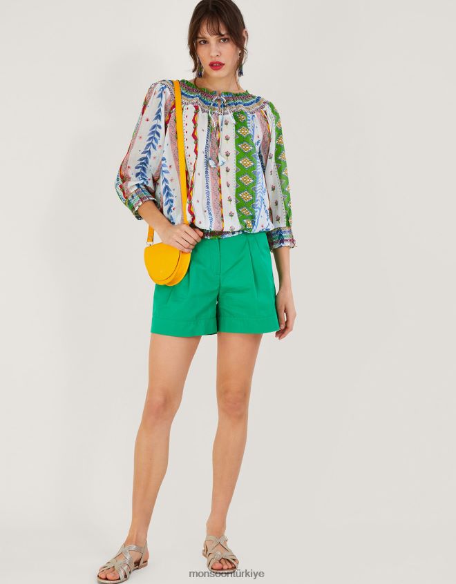 Monsoon kadınlar kravat yaka kabarcık etek baskılı üst JH86BT352 Giyim beyaz