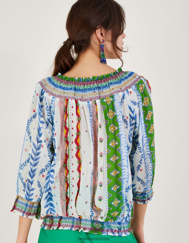 Monsoon kadınlar kravat yaka kabarcık etek baskılı üst JH86BT352 Giyim beyaz