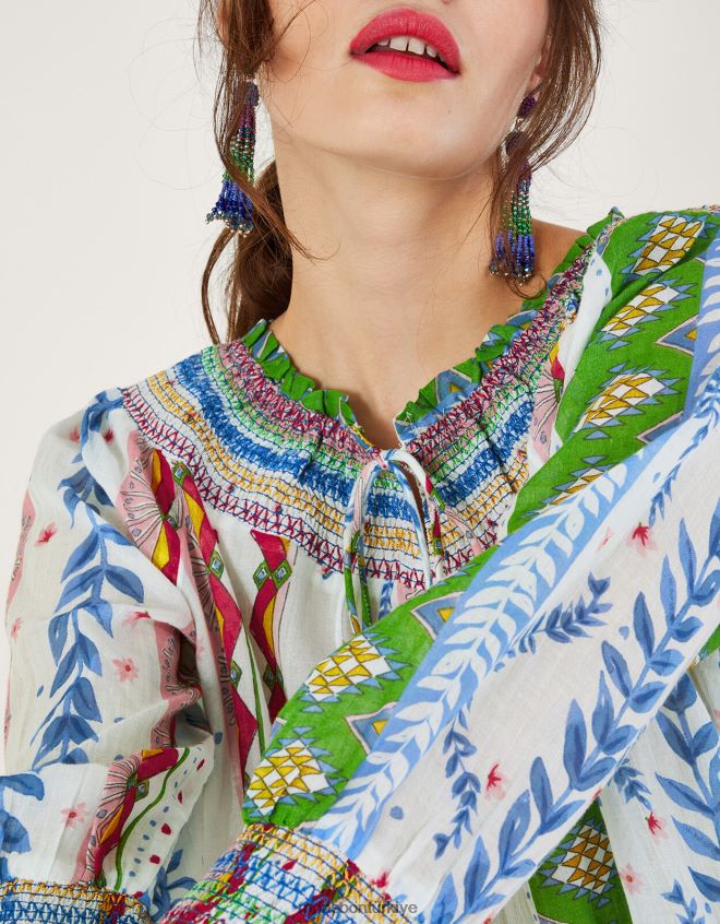 Monsoon kadınlar kravat yaka kabarcık etek baskılı üst JH86BT352 Giyim beyaz